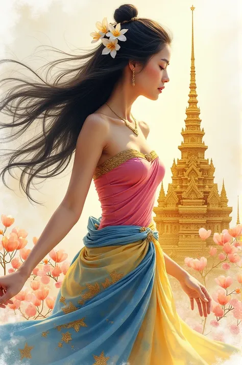 epic realistic, intricate details, light and shiny, abstract  watercolours painting of a Cambodian woman in the style of ethereal abstractions, wearing a pink embroidered with golden filaments tube top and blue -yellow sarong with khmer patterns, in the wi...