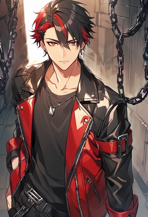 boy, semi-short hair, two-tone red and black hair, tall, thin, red eyes, black leather jacket, chains, earrings, a cool guy, bla...