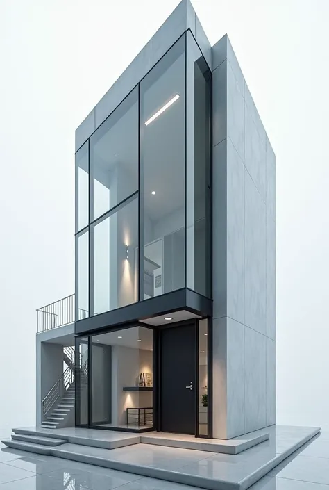 Make a medium-sized building with large glass windows facing downwards,In the center there is a black door and on the left side there are stairs. I want everything to be a minimalist and functional design inspired by the Stark tower.  