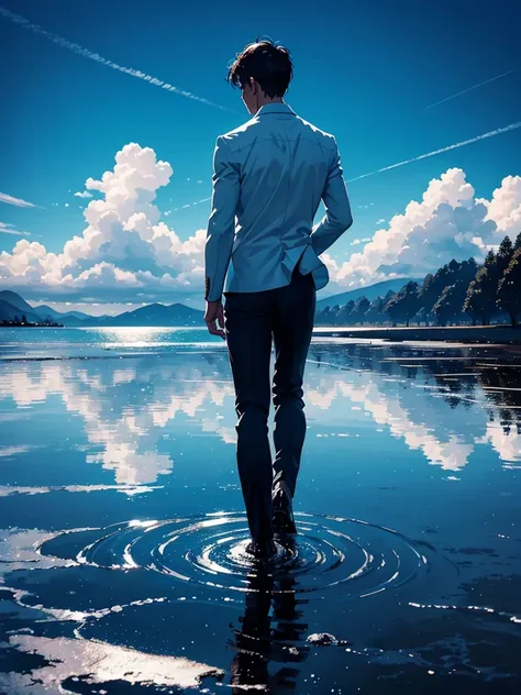 A handsome man walking on a wet surface with his back turned to the viewer, set against a bright blue sky with beautiful skies. The sky and clouds are reflected on the wet surface. The man is centered with the focus on the expansive and fantastical landsca...