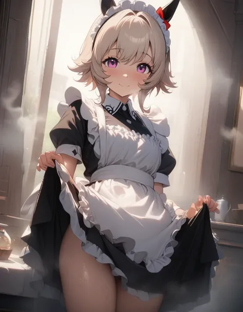 1girl, curren chan (umamusume), maid, main apron, maid headdress, skirt lift, puff, steam, gentle smile,  visible air, cinematic angle, heart, nsfw, explicit, (masterpiece), (best quality), (ultra-detailed), very aesthetic, illustration, disheveled hair, p...