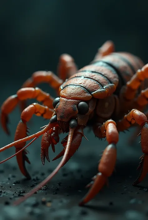 cockroach prawn hybrid creature,detailed anatomy,8 legs,exoskeleton,compound eyes,pincers,carapace,insect-like limbs,photorealistic,3D render,high resolution,hyper detailed,cinematic lighting,dramatic angles,moody atmosphere,gritty textures,dark colors,mut...