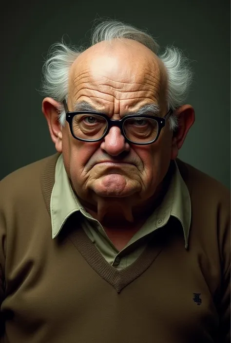 An old man in a plain shirt and brown sweater use eyeglasses , corpulant, Angry，hating, and Annoyed faces