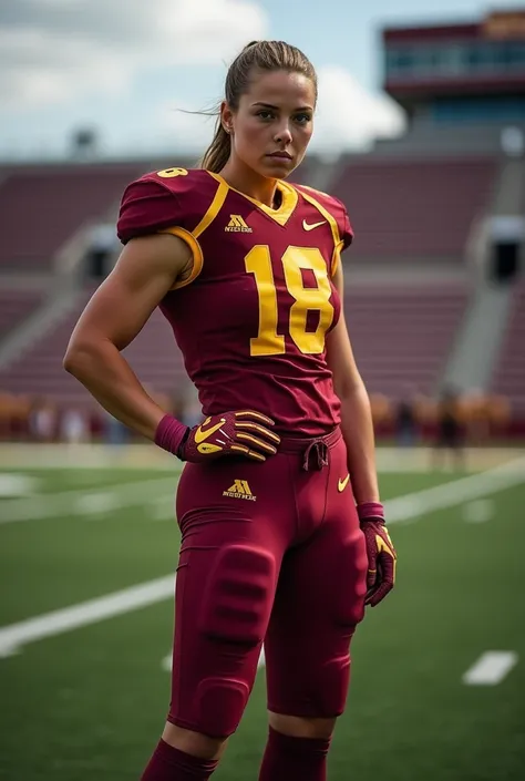 A photo of Hannah Smith, a wide receiver for the female Minnesota Golden Gophers football team. Number 18.