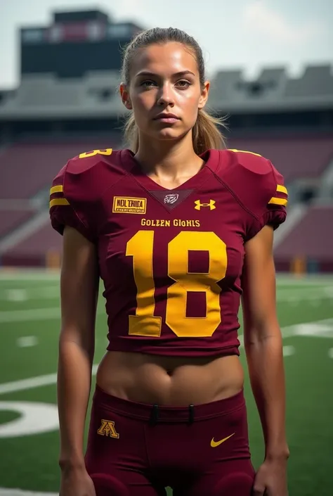 A photo of Hannah Smith, a wide receiver for the female Minnesota Golden Gophers football team. Number 18.