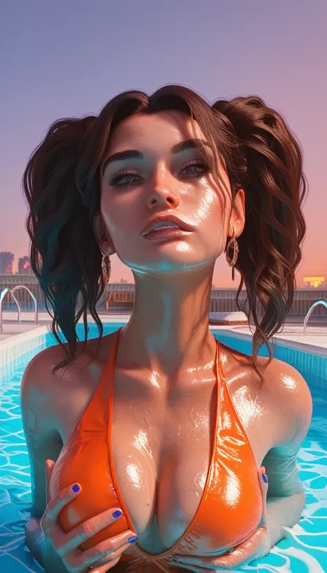 score_9, score_8_up, score_8_up, 1girl, in a swimming pool, lying on pool edge,  posing sexy, nsfw,  front view ,   face up,wet skin, tight black and Orange swimsuit, swimsuit material detail, showing off her body, twin tails hairstyle, ((breast worship)),...