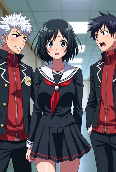 A template of baku no hero academia with a girl who looks somewhat similar to nezuko but with black and white hair and the same eyes, the somewhat tight UA uniform and bakugo,Shoto and Deku blushing