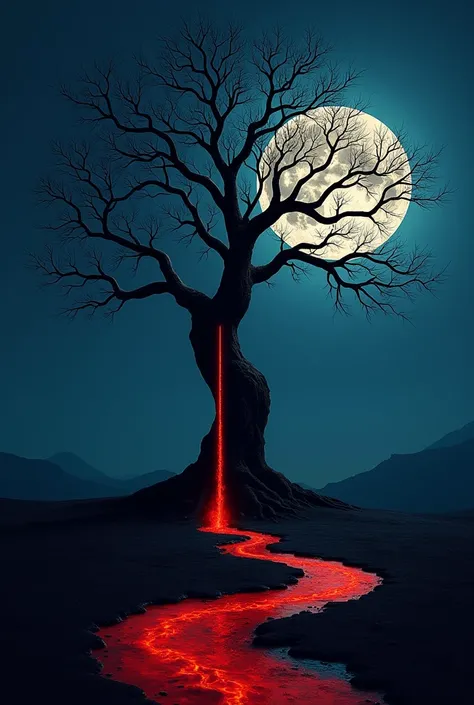 I want a picture of a dry tree, On a night with the moon shining down on it, red rivers pouring down its stem

