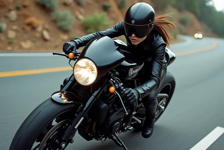 Woman in all black leather, Black Full Face, Black racing bike, Cool women, Hair is in the middle of the face, Hang on to take the curve