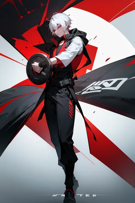 male, young adult, White Hair, Red eyes, Black jumpsuit, shield Logo.