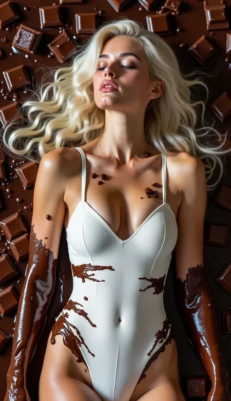 It creates a sensual portrait of a woman basking in a sea of dark and white chocolate. Her platinum blonde hair cascades in soft waves, contrasting with the intense browns that surround her. With her eyes closed and her lips slightly parted, she radiates a...