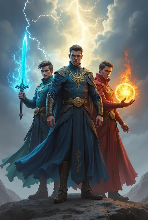 Three male friends with magical power. One with air magic sword. One with fire orb and one with water wand