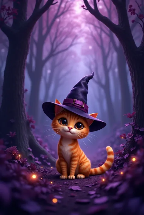 An orange cat with brown eyes wearing a witch hat in a dark purple forest 