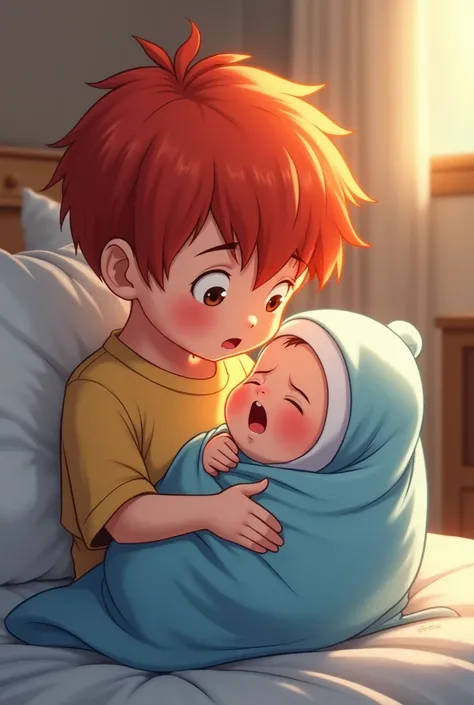 The red-haired boy carries his baby for the first time wrapped in a blue blanket, the newborn crying baby in animated anime style 