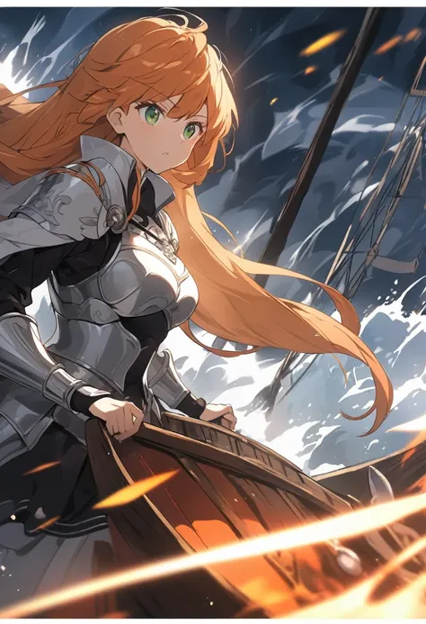 Orange hair nordic woman in nordic armor with green eyes setting her sails of her ship in a raging storm, zoomed out, boat with sails, 4k, hd, anime