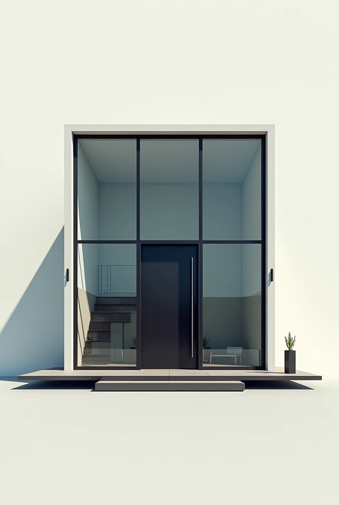 Make a medium-sized building with large glass windows facing downwards,In the center there is a black door and on the left side there are some stairs. Everything I want is a minimalist and functional design inspired by the.superhero and spiderman 