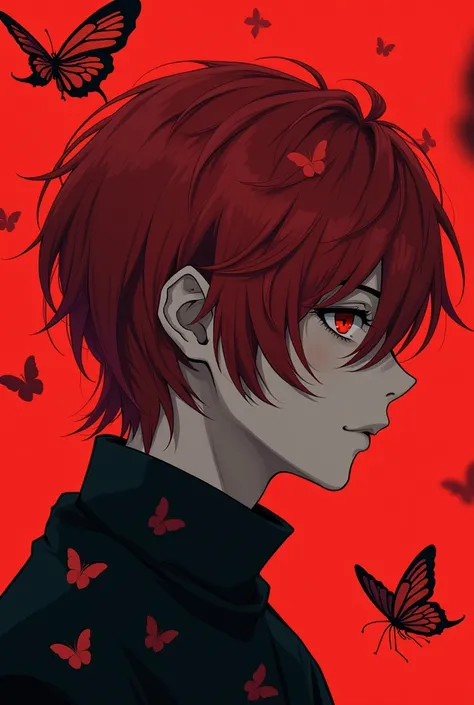 kaneki san&#39;s head with red butterflies around his face
