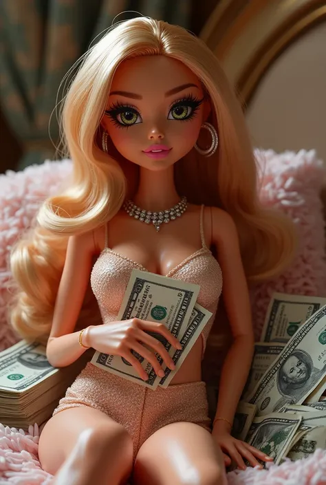 Millionaire Bratz doll counting many 100 dollar bills$ In a bed 