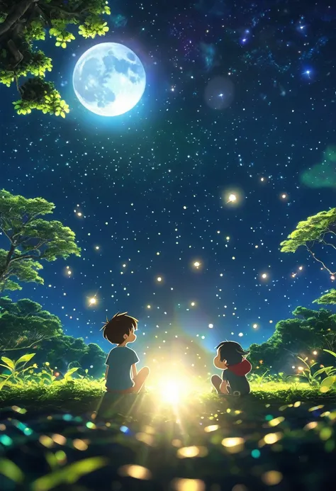 Timmy sitting with his friends, gazing up at a star-filled sky. The 3D anime style should capture the wonder in their eyes as they look at the twinkling stars and the glowing moon. The scene should feel peaceful and beautiful, with the colorful nuances of ...