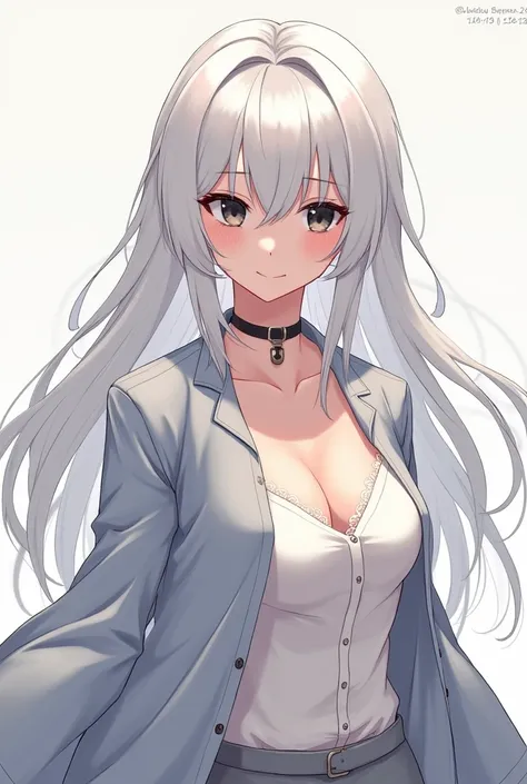 White hair, woman, half white hair man, informal outfit, deep neckline, ample bosom, black eyes, fluid illustration style, graceful movement, ethereal femininity, date, full body.