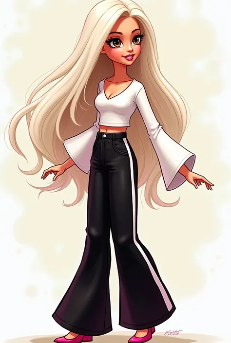 Cartoon Barbie with white hair and brown eyes dressed in loose black pants with white stripes and a white blouse with long sleeves