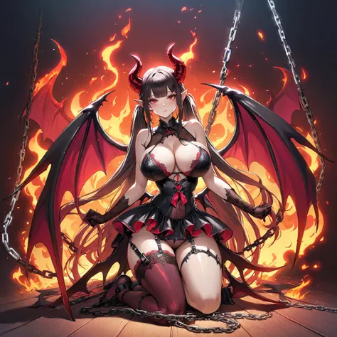 a horned demoness wearing an succubus dress is tied down with chains, demon tails, her wings tied behind her back, pink long hair, red eyes, expressionless, long twintails cut, looking at viewer, fire in background, chromatic aberration, demon horns, succu...