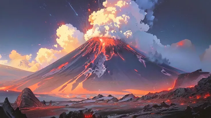 Volcano with lava and lava spewing from its summit., volcano landscape, volcano surroundings, bottom of the volcano, volcano, inspired by Sylvain Sarrailh, aenami alena style, Active volcano, volcanos, inspired by Alena Aenami, Alena Aenami&#39;s style, ex...