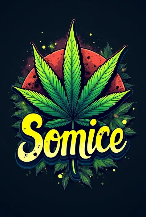 Somice Cannabis Shop logo has cannabis leaves, cool letters, graffiti style, vertical image, cool background.