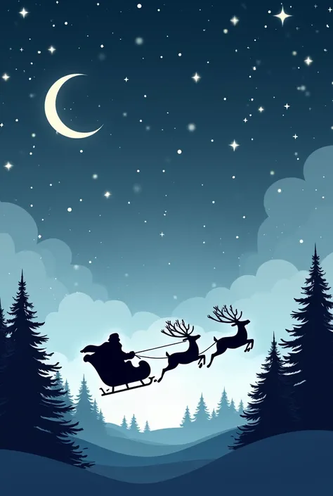 Create only the outline of the figure of Santa Claus with sleigh and reindeer, some trees and pines and clouds and moon.