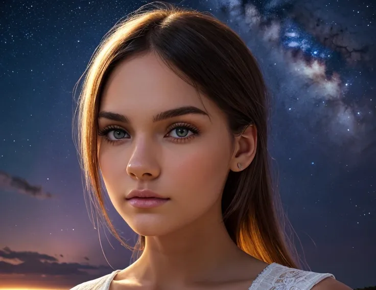 Masterpiece, Superb Girl (Meagan Fox, age 20), Cute Girl, Bust, High Detail Eyes, Perfect Eyes, Portrait, High Detail Face, Same Eyes, Glare, Rainbow Color, Global Illumination, Soft Light, Dream Light, Digital Painting, 8K Close-up, Fantasy, Night Sky, St...