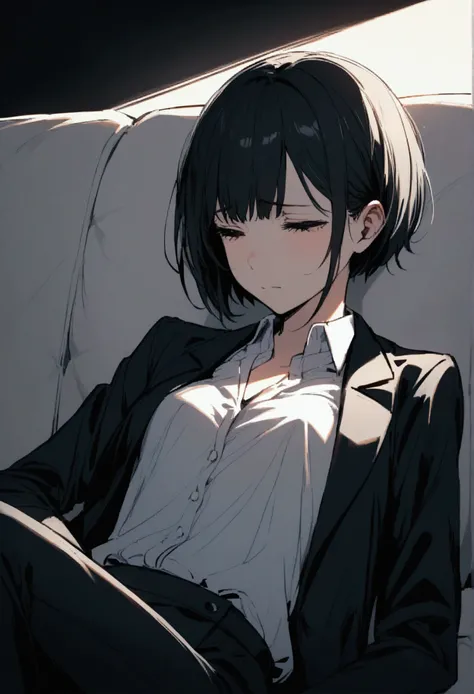 slender,a young girl,pixie cut,black hair,suit,sad, Leaning Back on sofa,own roon