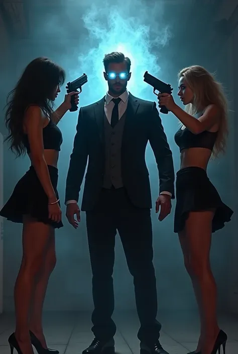 (A ( handsome man , black suit , Magical glowing blue eyes , fighting two beautiful girls 
( Girls are wearing mini skirt black backless)( they are pointing gun at man head )

( The man is Snap his fingers)
