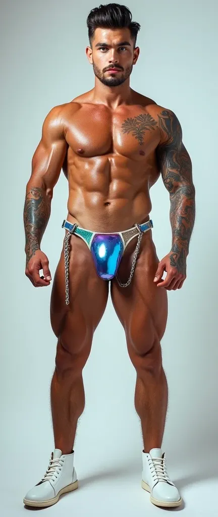 Fullbody standing picture of white skin Handsome muscular horny nude sexy gay man wearing sexy shiny iridescent latex harness, shiny black Disconnected Pompadour oiled hair style, blue eyes, shiny white varnished vinyl shoes, red lip, chain, tattoos, horny...