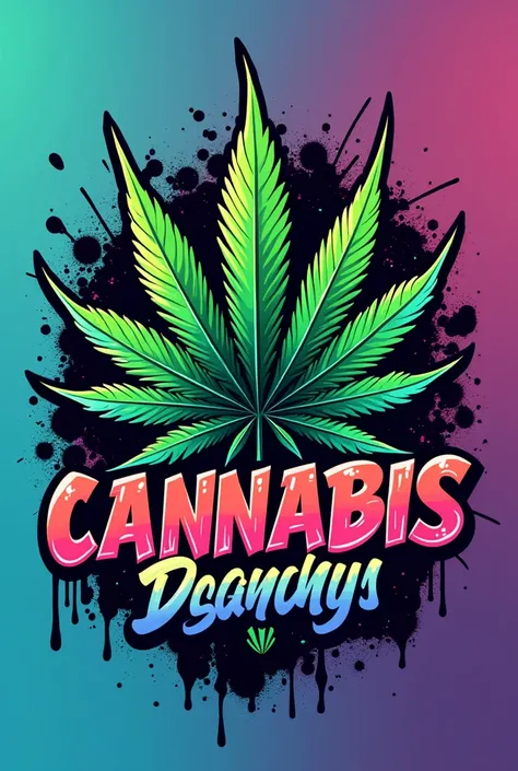 Somice Cannabis Shop logo has cannabis leaves, cool letters, graffiti style, vertical image, cool background.