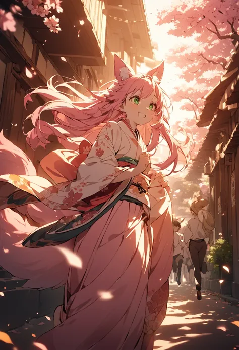 a Young girl, kitsune girl, long pink hair, green eyes, long kitsune ears, large and long pink tail, beautiful detailed eyes,  soft lighting, warm color palette, , cinematic composition, dramatic lighting, highly detailed, intricate details,  kimono dragon...