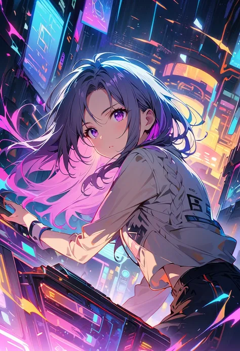 1 girl, Inji, Purple Hair, Purple eyes, Long Hair, Gray Hair, Double Knit, Gradient Hair,Photos that show the beauty of artificial intelligence, Contains striking, vibrant and attractive colors with overlapping symbols and circuits.masterpiece, Top quality...