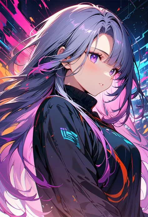 1 girl, Inji, Purple Hair, Purple eyes, Long Hair, Gray Hair, Double Knit, Gradient Hair,Photos that show the beauty of artificial intelligence, Contains striking, vibrant and attractive colors with overlapping symbols and circuits.masterpiece, Top quality...