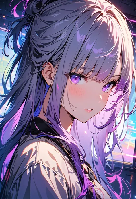 1 girl, Inji, Purple Hair, Purple eyes, Long Hair, Gray Hair, Double Knit, Gradient Hair,Photos that show the beauty of artificial intelligence, Contains striking, vibrant and attractive colors with overlapping symbols and circuits.masterpiece, Top quality...