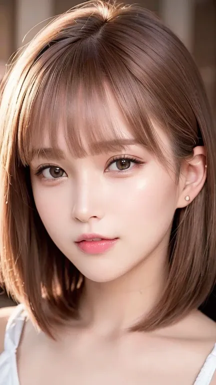 Highest quality, Ultra-high resolution, (Realistic:1.4), One Girl, High nose bridge, short hair, (Outside Bounce), drooping bangs, Flat Chest, smile, (True Face), (24-years-old:1.5), Face Focus,Bronze colored hair