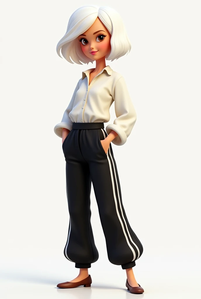 Cartoon Barbie with short white hair and brown eyes dressed in loose black pants with white stripes and a white blouse with long sleeves