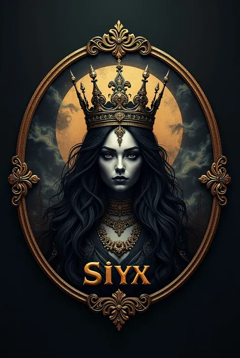 Coffee shop logo similar to that of the rock group “Queen” with gothic elements in a circular shape and the word “Styx” around the outline