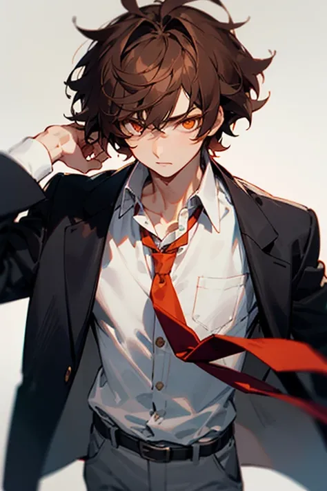  Brown hair, short messy hair, orange eyes. His  consists of a white button-down shirt, gray pants, and a red tie. He always wears a black jacket.