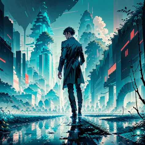 A handsome man walking on a wet surface at a distance with his back turned to the viewer, set against a bright blue beautiful sky. The sky and clouds are reflected on the wet surface. The man is centered with the focus on the expansive and fantastical land...