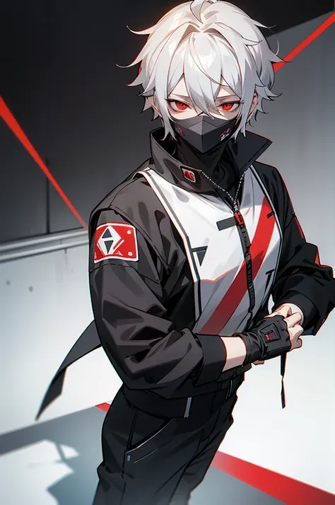 male, young adult, white hair, red eyes, black and gray jumpsuit, sos logo, masked face and helmet.