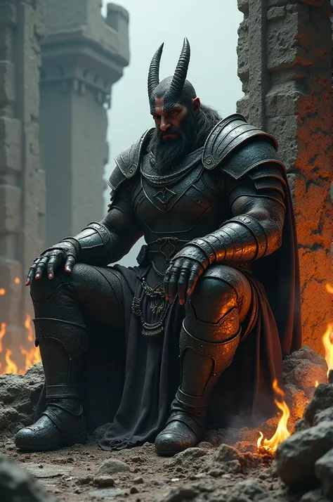 A powerful warrior of the human race with dragon eyes, armor worn from so many battles, rest in the ruins of an ancient castle, sitting looking at the fire in front of him