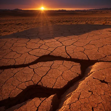 Dramatic sunset over cracked earth. Desert landscape background.
