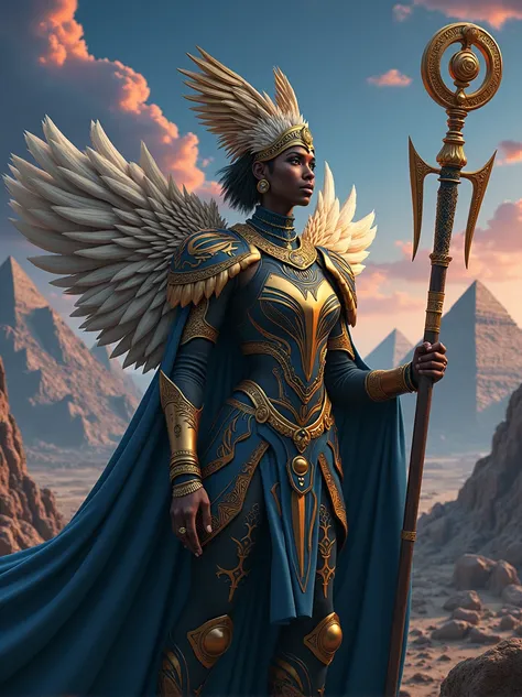 a poster should feature a majestic, human-avian bird, black African genetic features, deity standing holding a futuristic Ankh ☥ shape staff. He has an elaborate feathered wings and regal, high-tech, sci-fi, futuristic armor adorned with intricate patterns...