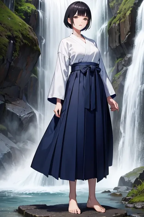 Anime Art、Full body portrait、Fighter、Waterfall background、Martial arts posture、A tall woman, about 170cm tall, around 32 years old, wearing a white judo uniform、wearing a dark blue hakama、Calm expression、The hairstyle is a short cut、Black Hair、barefoot、Wet...