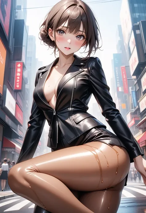 (((In the city))), ((Fashion Model), (((Black Leather Jacket))), (skirt), (pantyhose),)), , ((Shiny Costumes)), skindentation, skinny, solo, 1 woman, Masterpiece, highest quality, highest quality, 16K, incredibly absurd, highly detailed, 2.5D, ai-generated...