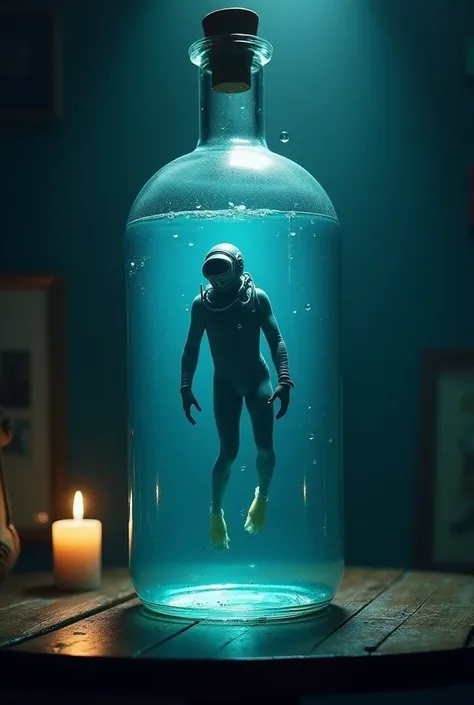 A captivating cinematic illustration of a fearless diver swimming inside a large, transparent glass bottle submerged in deep blue water. The diver is equipped with a sleek, silver diving suit and a helmet with a small porthole for visibility. The bottle si...